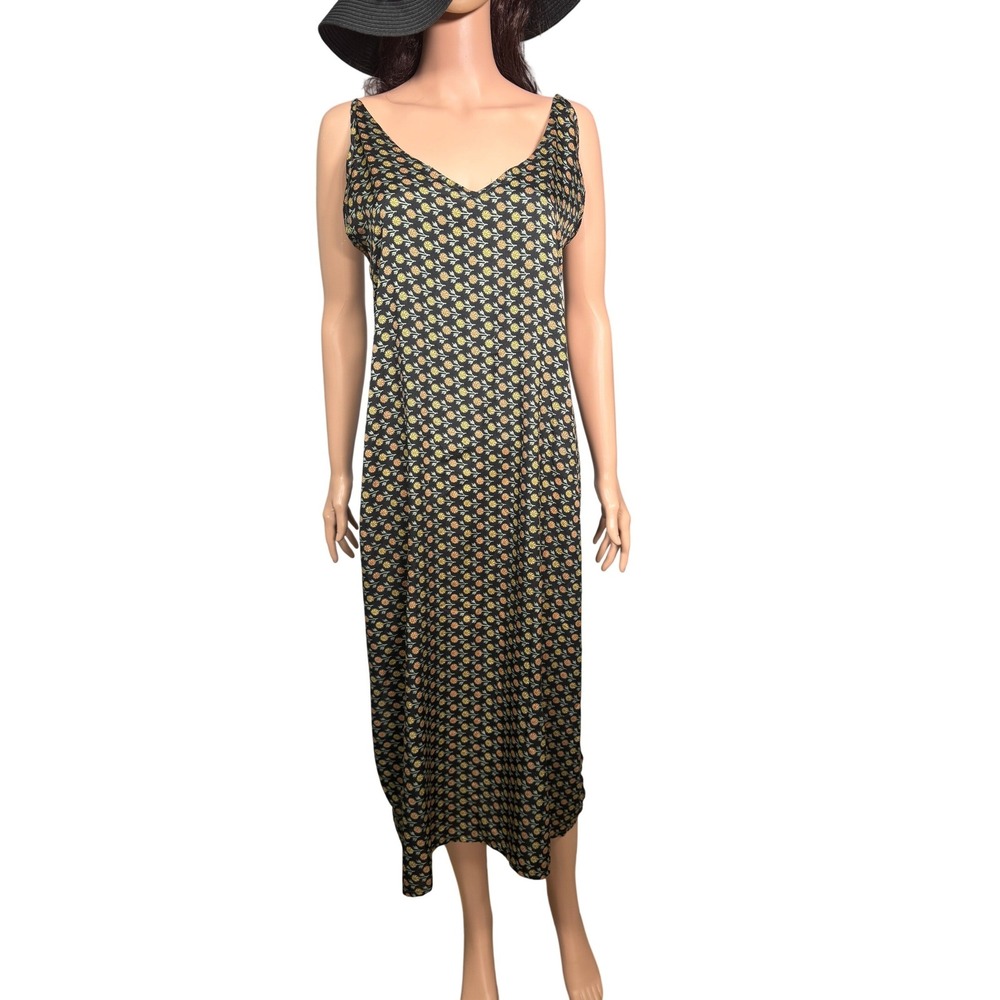 Floral Silk Blend Maxi Dress Black Yellow Orange Smocked Back Side Slits India